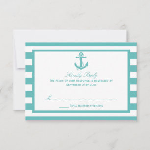 Nautical Turquoise Stripe Anchor Wedding RSVP Card