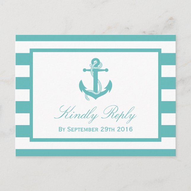 Nautical Turquoise Stripe Anchor Wedding RSVP Invitation Postcard (Front)
