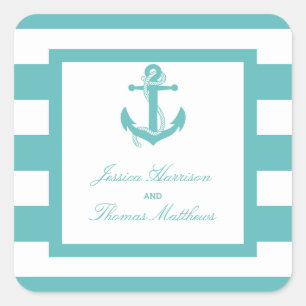 Nautical Turquoise Stripe Anchor Wedding Square Sticker