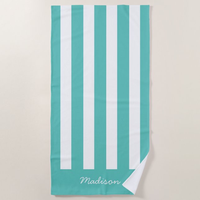 Nautical Turquoise & White Striped Custom Name Beach Towel (Front)