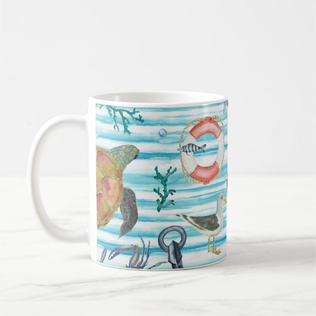 Nautical Turtles Seagul Starfish Pattern Coffee Mug (Left)