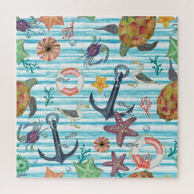 Nautical Turtles Seagul Starfish Pattern Jigsaw Puzzle (Vertical)