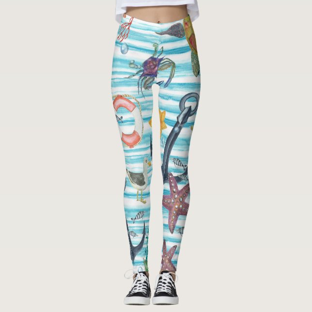 Nautical Turtles Seagul Starfish Pattern Leggings (Front)