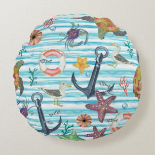 Nautical Turtles Seagul Starfish Pattern Round Cushion