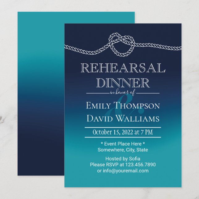 Nautical Tying the Knot Aqua Blue Rehearsal Dinner Invitation (Front/Back)