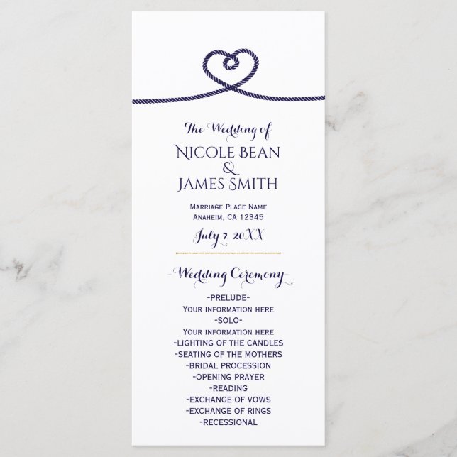 Nautical Tying the Knot Heart Wedding Program Programme (Front)