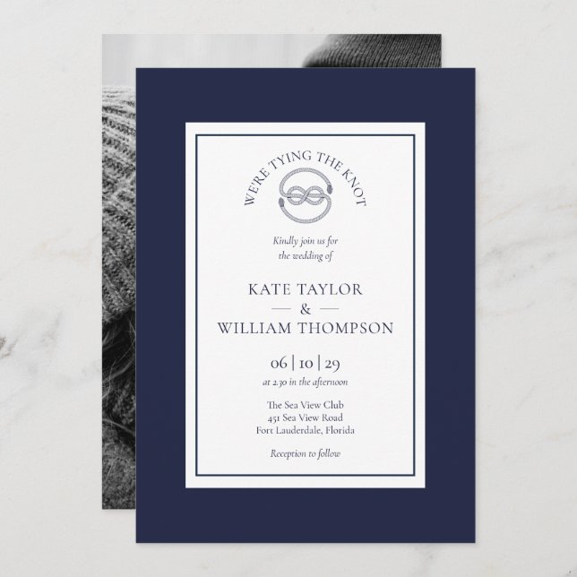 Nautical Tying The Knot Navy Blue Wedding Photo Invitation (Front/Back)