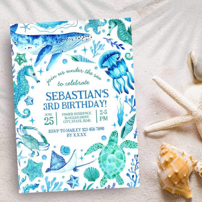 Nautical Under the Sea Blue Watercolor  Invitation (Nautical Under the Sea Blue Watercolor Invitation)