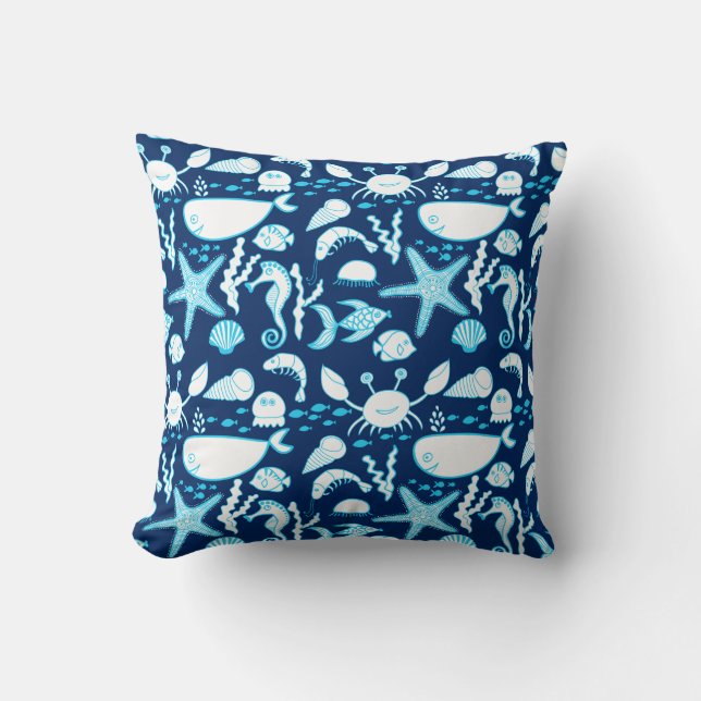 Nautical Under the Sea Cartoon Cute Blue Cushion (Front)