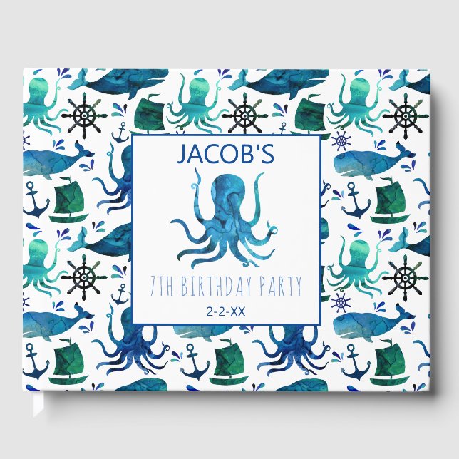 Nautical Under The Sea Watercolor Octopus Guest Book (Front)