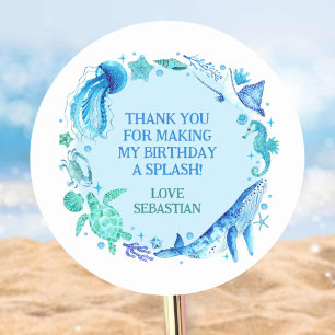 Nautical Under the Sea Watercolor Whale Thank You Classic Round Sticker