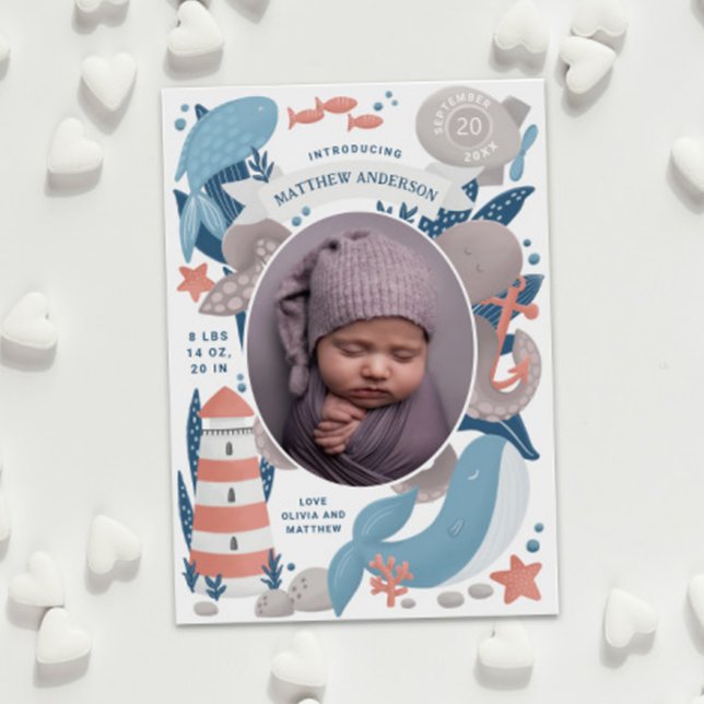 Nautical underwater animal & lighthouse. Boy birth Announcement (Creator Uploaded)