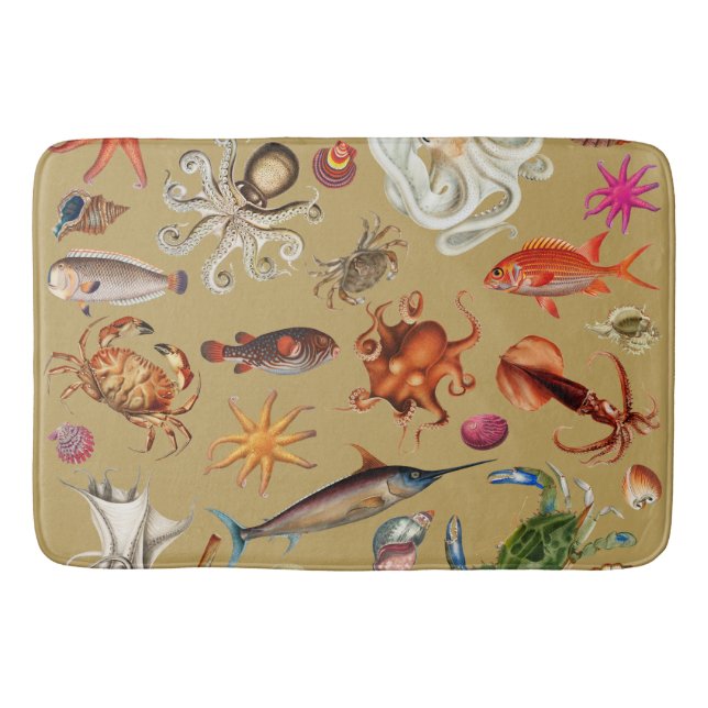 Nautical Underwater Sea Life Illustration Gold Bath Mat (Front)