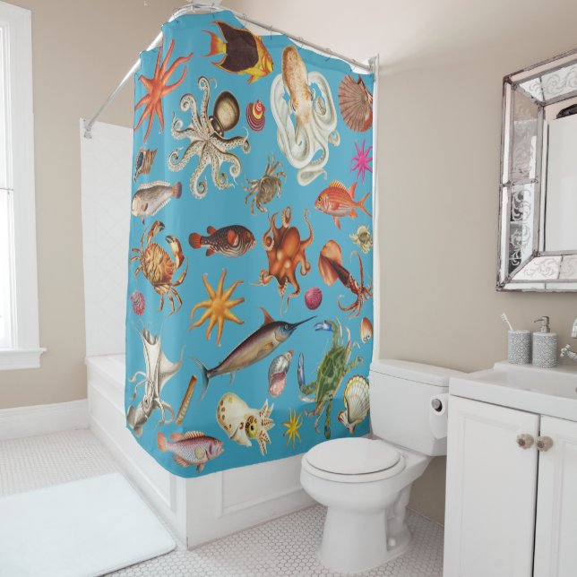Nautical Underwater Sea Life Pattern Ocean Blue Shower Curtain (In Situ)