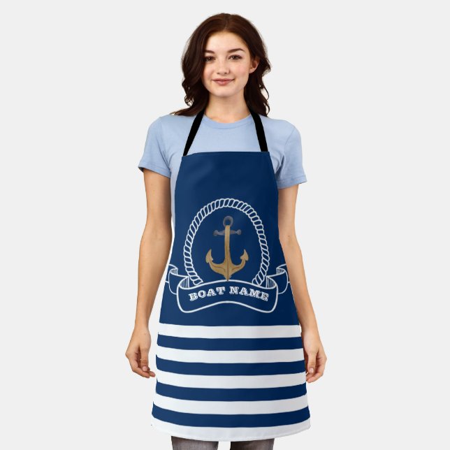 Nautical,Vinatge Anchor Navy Blue Striped   Apron (Worn)
