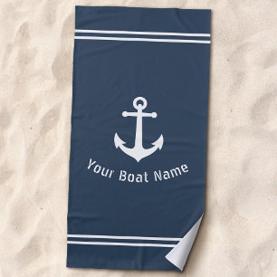 Nautical Vintage Anchor Boat Name Navy Blue Grey Beach Towel