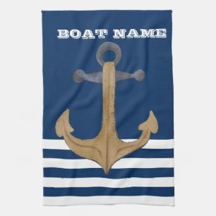 Nautical,Vintage Anchor  Navy Blue Striped Tea Towel