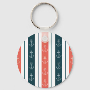 Nautical Vintage Anchor on Stripes Pattern Key Ring