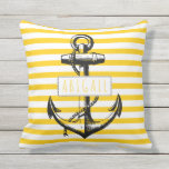 Nautical vintage anchor on yellow striped pattern cushion<br><div class="desc">Nautical black anchor on yellow and white stripes summer throw pillow. The elements of this trendy nautical design are the vintage style anchor on stripes and your name on a white frame. If you would like you could remove name,  frame or/and anchor to have just a striped pillow.</div>