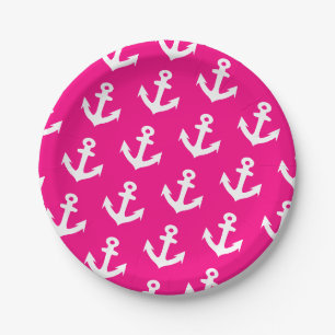 Nautical Vintage anchors pattern on neon pink Paper Plate