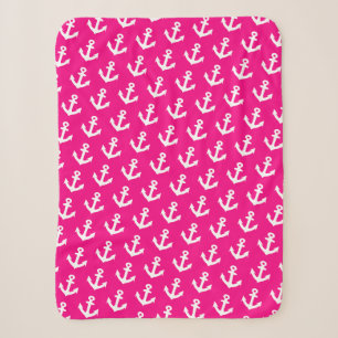 Nautical Vintage anchors pattern on neon pink Sherpa Blanket