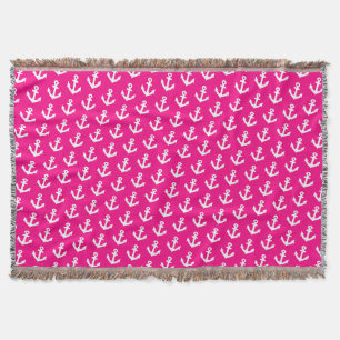 Nautical Vintage anchors pattern on neon pink Throw Blanket