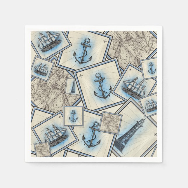 Nautical vintage collage sailing illustration map napkin (Front)