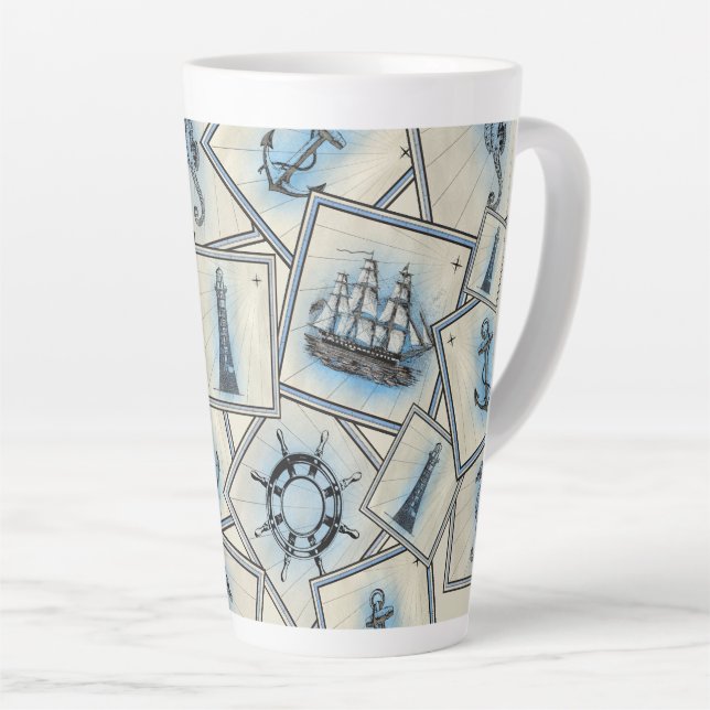Nautical vintage collage sailing illustrations latte mug (Right Angle)