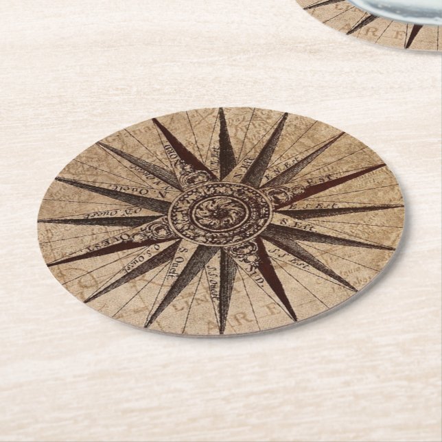 Nautical vintage compass round paper coaster (Angled)