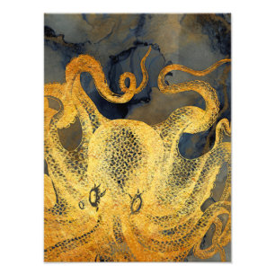 Nautical Vintage Gold Octopus Black Ink Watercolor Photo Print