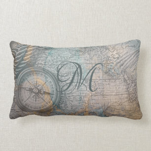Nautical Vintage Map Compass Monogram Lumbar Cushion