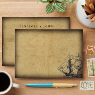 Nautical Vintage Map Ship Illustration Wedding Envelope