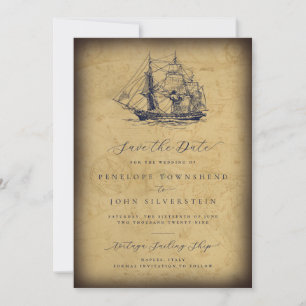 Nautical Vintage Map Ship Illustration Wedding Save The Date