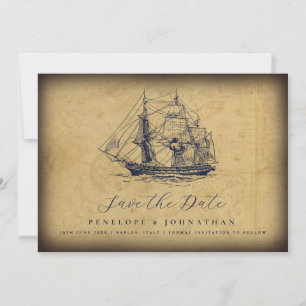 Nautical Vintage Map Ship Illustration Wedding  Save The Date