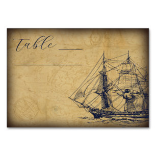 Nautical Vintage Map Ship Illustration Wedding Table Number