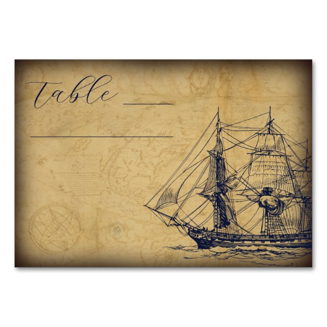 Nautical Vintage Map Ship Illustration Wedding Table Number (Front)