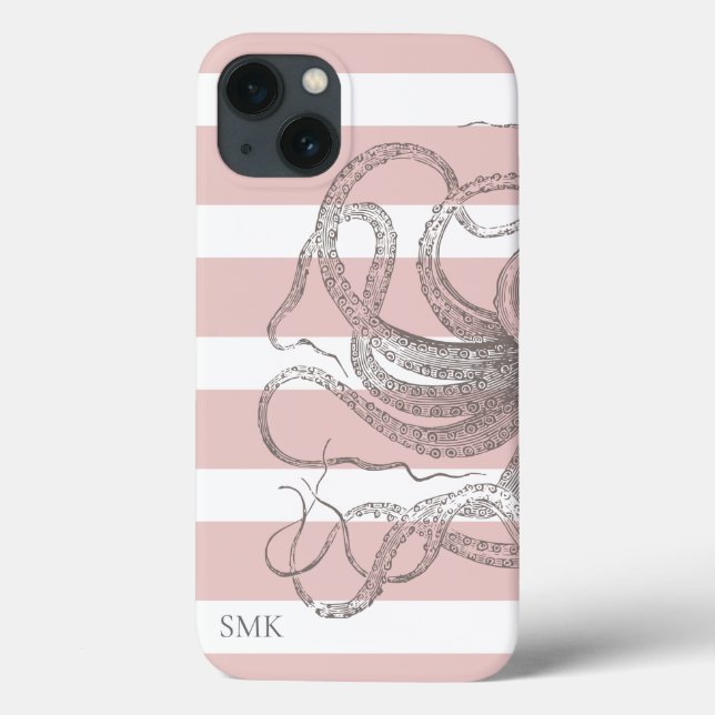 Nautical Vintage Octopus Coastal Pink Stripes Case-Mate iPhone Case (Back)