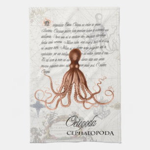 Nautical Vintage Octopus Illustration & Typography Tea Towel