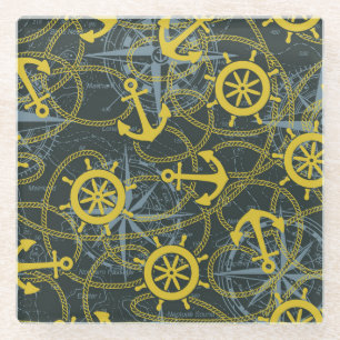 Nautical vintage pattern, anchor and map. glass coaster
