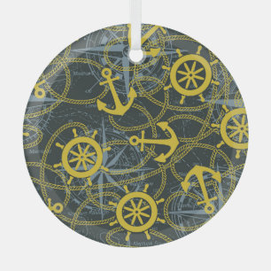 Nautical vintage pattern, anchor and map. glass tree decoration