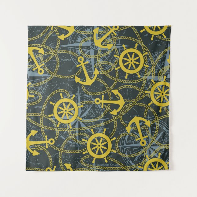 Nautical vintage pattern, anchor and map. tapestry (Front)