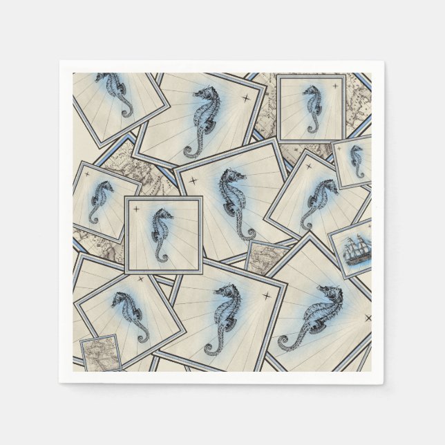 Nautical vintage seahorse atlas map collage napkin (Front)