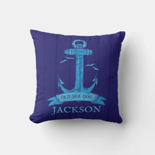 Nautical Vintage Ships Anchor on Navy Blue Wood Cushion