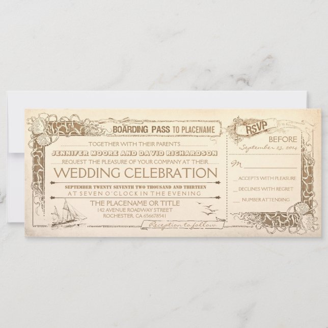 Nautical Vintage Wedding Invitation Boarding Pass (Front)