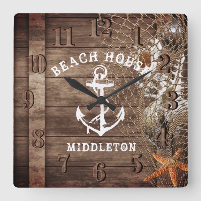 Nautical Vintage Wood Square Wall Clock (Front)