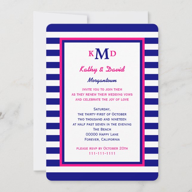 Nautical Vow Renewal Invitation Navy and Pink (Front)