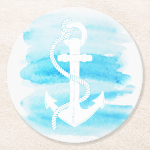 Nautical - Watercolor Anchor (1) Round Paper Coaster