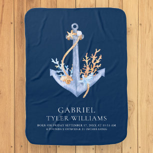 Nautical Watercolor Anchor Birth Stats Navy Blue Baby Blanket