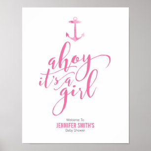 Nautical Watercolor Anchor Pink Baby Shower Welcom Poster