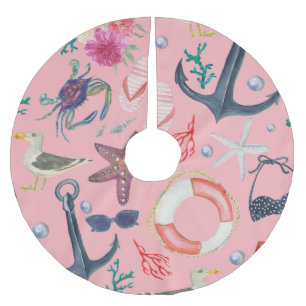 Nautical Watercolor Anchor Starfish Pattern Brushed Polyester Tree Skirt